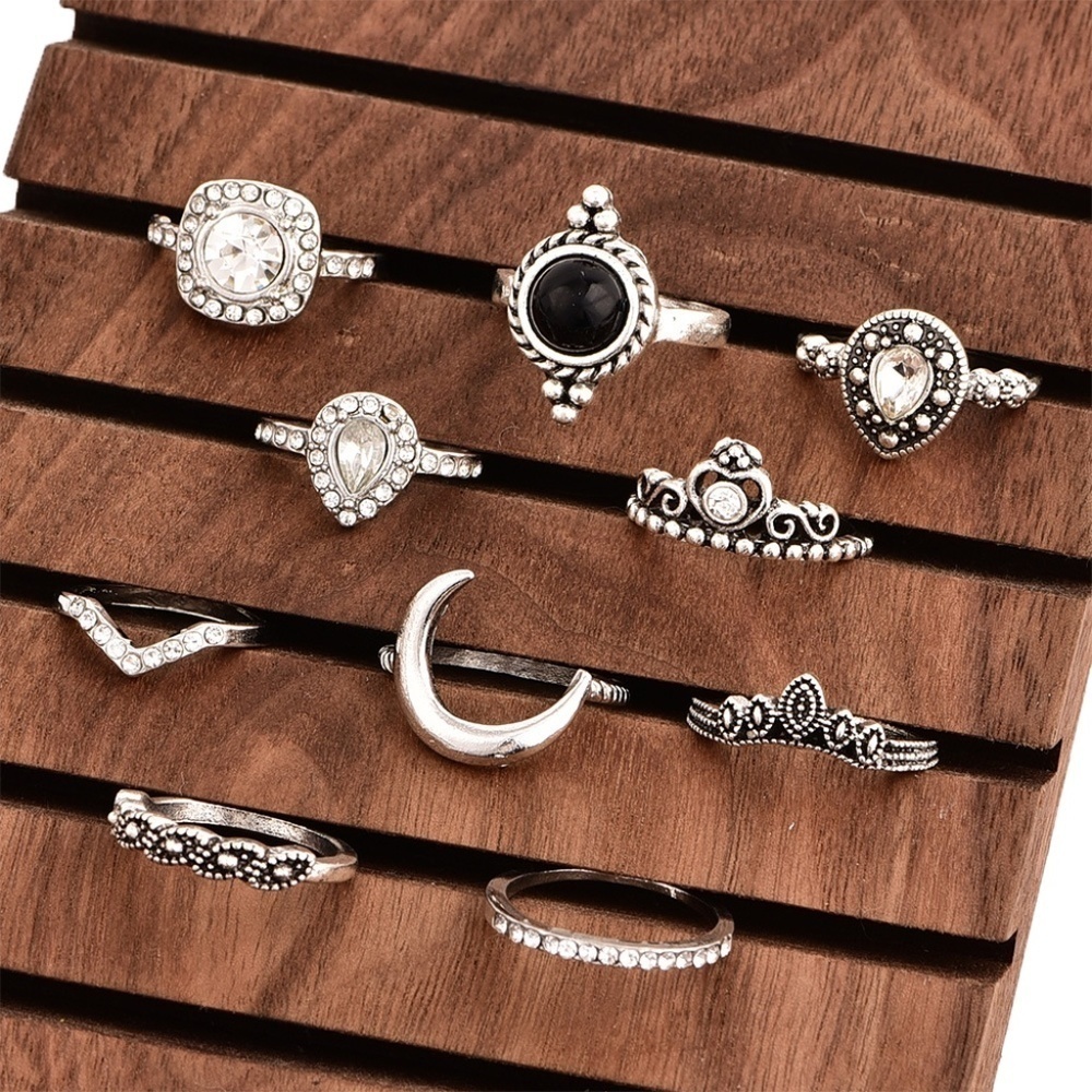*KHADIJAH* 11-Pc Silver x Black Fashion Ring Set